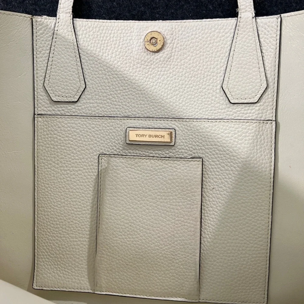 Tory Burch Perry Tote Womens Large White Black Leather Shoulder Bag Handbag